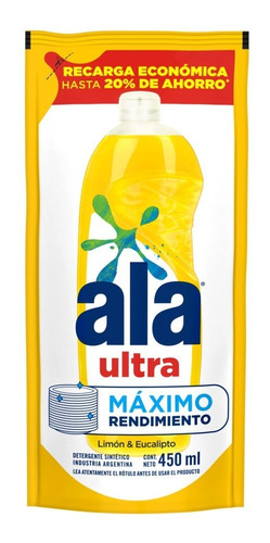 Ala Ultra Desengrasante Detergente Lavavajilla Limon 450 Ml