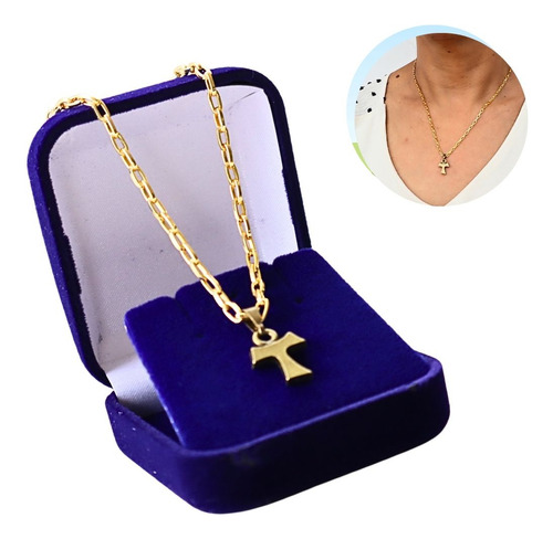 Colar Banhado A Ouro Com Medalha Mini Tau Franciscano 574 Cor Azul