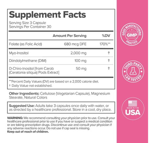 Elfleaf Flo Female Hormone Balance 90 Cápsulas, Suplemento De Inositol Con Ácido Fólico,dim, Inositol Y D-thioinositol 2pcs