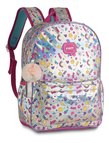 Mochila Holografica Infantil Divertida Alças Regulaveis Clio Cor Prateado Desenho do tecido Estampada Happy