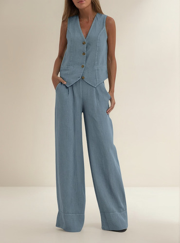 Pantalones De Traje Conjuntos De Lino Para Mujer, 2 Piezas