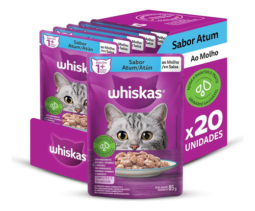 Pack Ração Úmida Whiskas para Gatos Adultos Sachês Atum ao Molho 85g - Caixa com 20 unidades