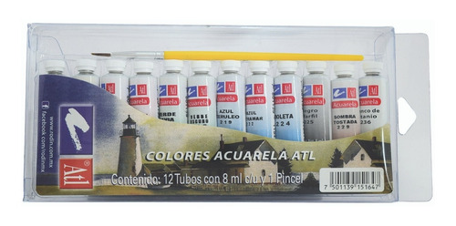 Set 12 Acuarelas Atl Tubo 8ml Colores Estuche + Pincel