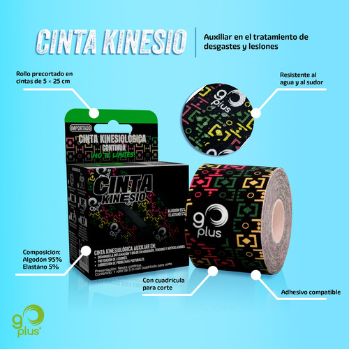 Cinta Kinesiológica Negra Diseño Go Plus 5m