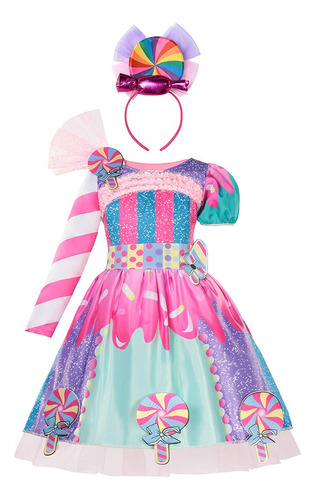 Vestido Rainbow Candy Para Niña Con Diadema Y Tutú Sin Manga