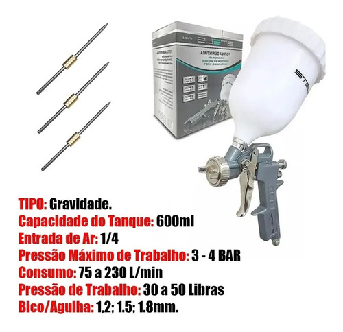 Imagem 5 de 6 de Pistola Pintura Gravidade 600ml + 3 Bicos 1.2 1.5 1.8 Stels