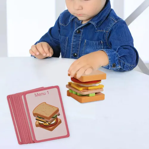 PLAYZOCO Juguete De Madera Apilable Tipo Sándwich – Set Educativo De Cocina Para Niños +3 Años, 10 Tarjetas De Pedido Y 9 Piezas