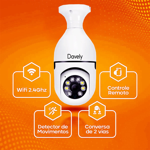 Câmera De Segurança Davely Lâmpada App Yoosee Com Visão Noturna Interna Externa Ip Wifi Espiã 360º Cor Branco