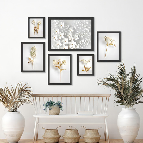Kit Soft Frames con flores blancas y doradas, 6 piezas