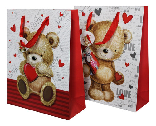 Imagem 2 de 3 de Sacolas Para Presentes Decoradas Kraft Ursinhos Amor Com 12