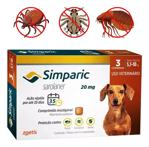 Simparic 20mg Antipulgas Cães 5 a 10kg 3 Comprimidos Zoetis Long Dog