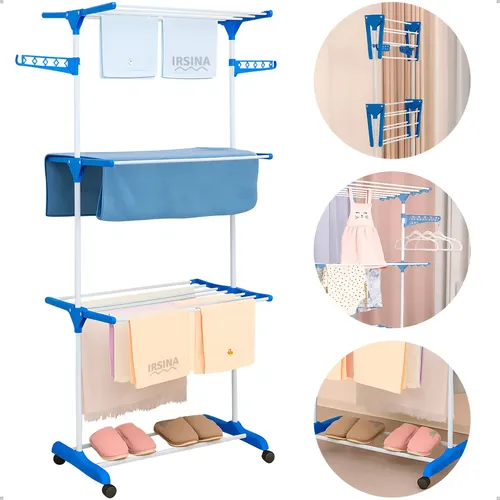 Varal Dobrável de Chão 3 Andares de Roupas Grande com Rodinha Resistente Durável Lavanderia Apartamento Casa Preto e Branco Irsina - Miniatura 2