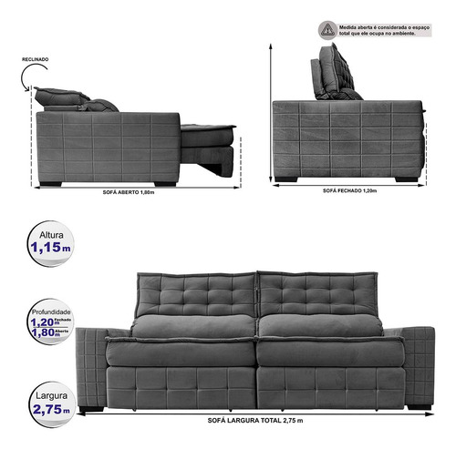 Sofá Retrátil 2,75m Cama Inbox Big Puffer. Com Softgel d40 Cor Cinza