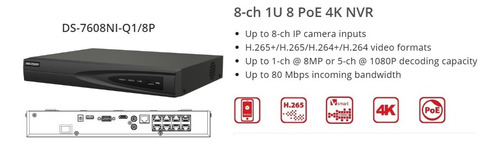 Hikvision DS-7608NI-Q1/8P nvr 8 canais até 8megas 110v 220v