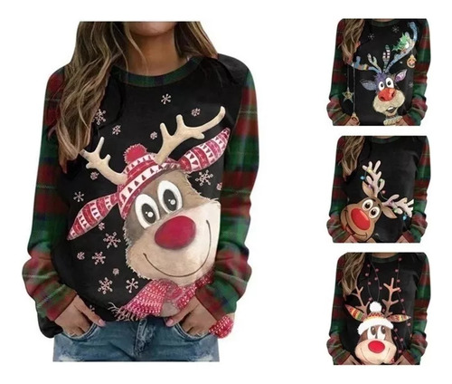 Camisetas De Manga Larga Para Mujer Con Estampado Navideño