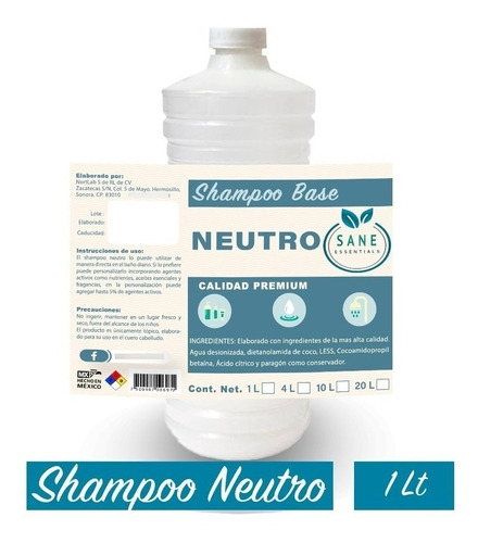 Shampoo Neutro Base Transparente 1 Lt Sin Esencia Sin Aroma