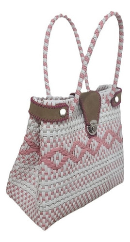 Bolsa Artesanal Para Dama Hecha A Mano Tote Bag Acabado De Los Herrajes Níquel Color Blanco Correa De Hombro Rosa Claro Con Blanco