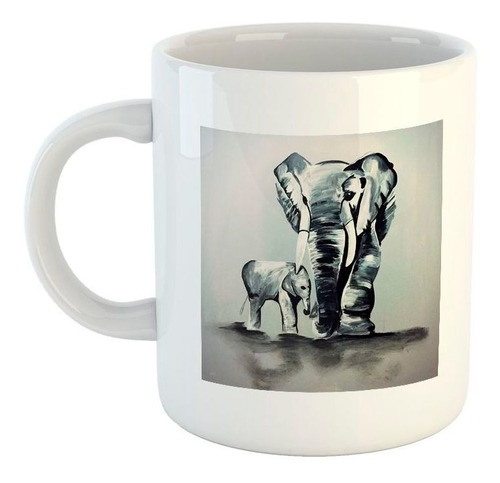 Taza De Ceramica Elefante Con Su Hijo Pintura