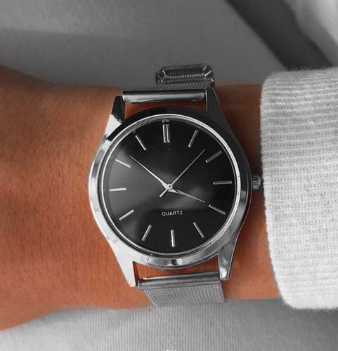 Reloj Acero Metalico Minimalista Elegante Negro Casual Unise Plateado Plateado Negro