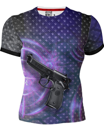 Playera Full Print Tiro Arma Fondo Morado Metal Textura 5