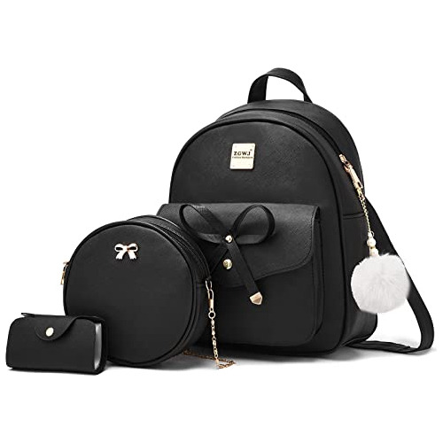 Mochila 25cm + Cartera Redonda + Monedero Set Cuero Negro