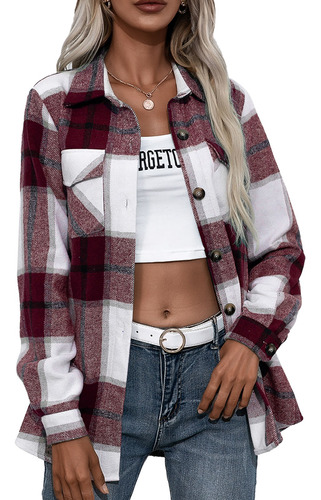 Chaqueta A Cuadros Para Mujer, Holgada, Casual, De Manga Lar