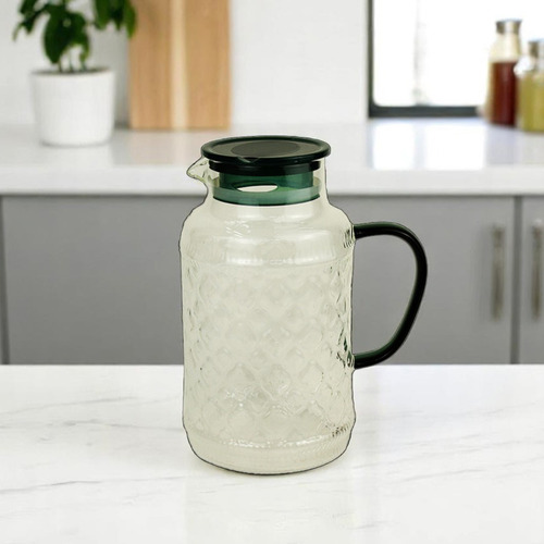 Set De Jarra De Vidrio Con Tapa Verde Y Vasos Verde Oscuro