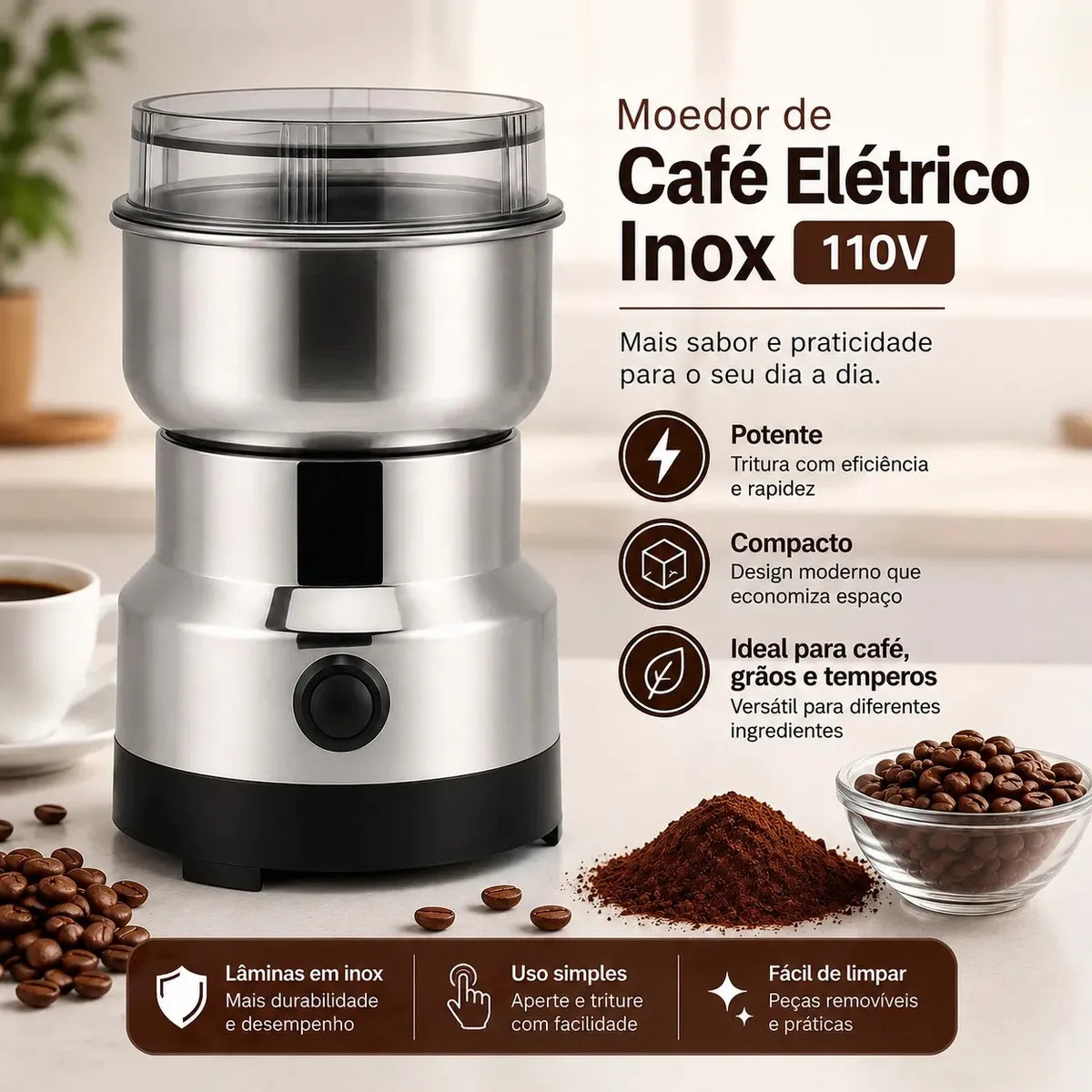 Moedor De Café Elétrico Multifuncional Inox Grãos Temperos - Lamericano