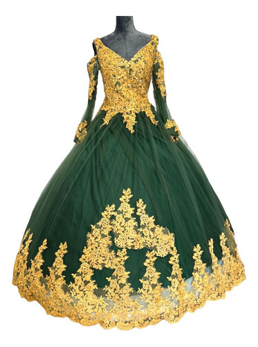Vestido De Xv Años Verde Con Dorado V1