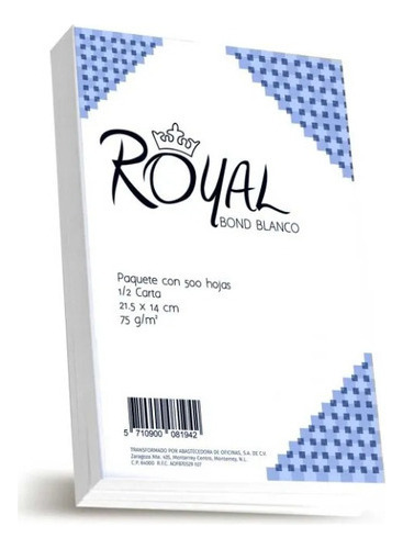 Papel Bond Royal 1/2 Media Carta 75gr 94% Bco 500 Hojas Color Blanco