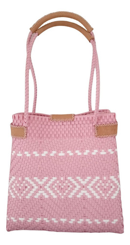 Elegante Bolsa De Toquilla Y Piel En Rosa Claro Con Blanco Acabado De Los Herrajes Níquel