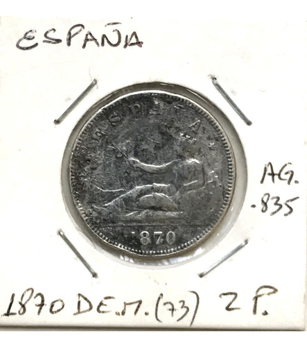 * España. 2 Pesetas De Plata. Año 1870 (73). Km# 654 (Usado)