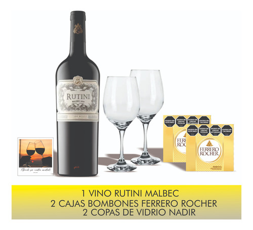 Box Rutini Malbec + 2 Copas + 2 Ferrero Rocher + Cuadro