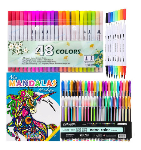 Libro De Mandalas + Plumones Pincel Rotuladores + Plumas Gel