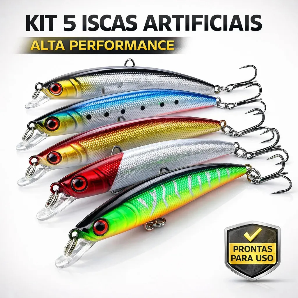 Kit Com 5 Isca Artificial Meia Agua Predadores 9cm 8,5g com 2 Garateia Pesca Tucunaré Robalo Traíra Corvina Pescada Ideal para Molinete ou Carretilha Água Doce e Salgada - Petite F
