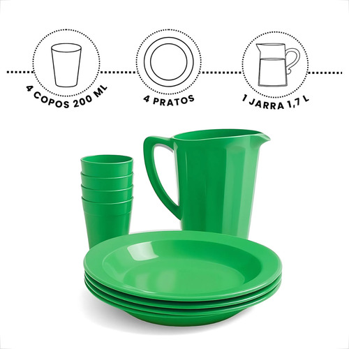 Kit Jarra Com 4 Pratos + 4 Copos 200ml P/ Refeição Sobremesa