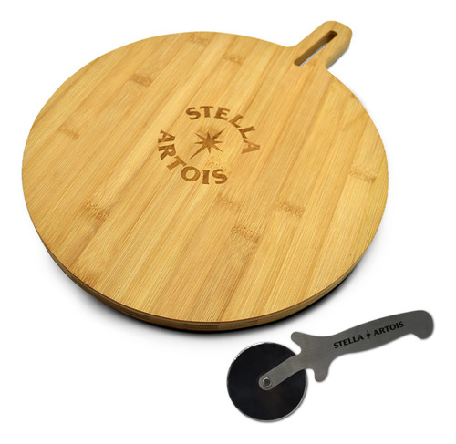 Tabla Pizzera Bamboo + Corta Pizza Circular Stella Artois 