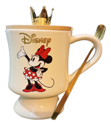 Tazon Mug Disney Con Tapa De Corona + Cuchara Minnie Mickey 