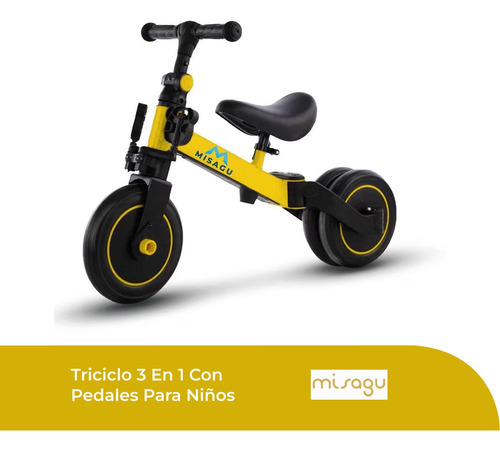 Triciclo 3 En 1 Con Pedales Para Niños, Bici De Equilibro Color Amarillo