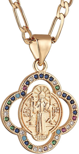 Hzman Collar De Medalla De San Benito Chapado En Oro De 14 Q