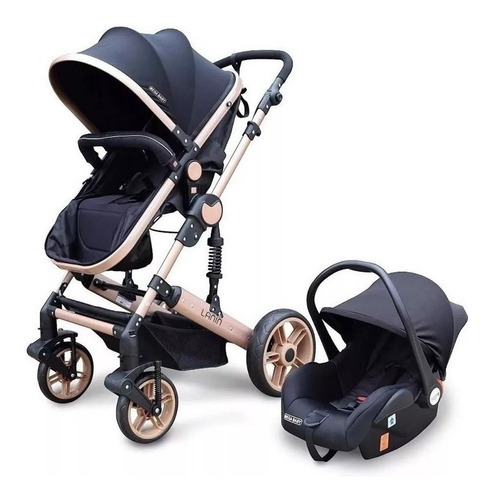 Imagen 1 de 10 de Cochecito de paseo Mega Baby Lanin travel system negro con chasis color dorado