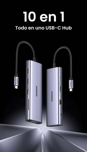 Hub 10 En 1 Ugreen 3 Usb-a, 1 Usb-c, 1 Hdmi 4k/60hz, Sd/tft