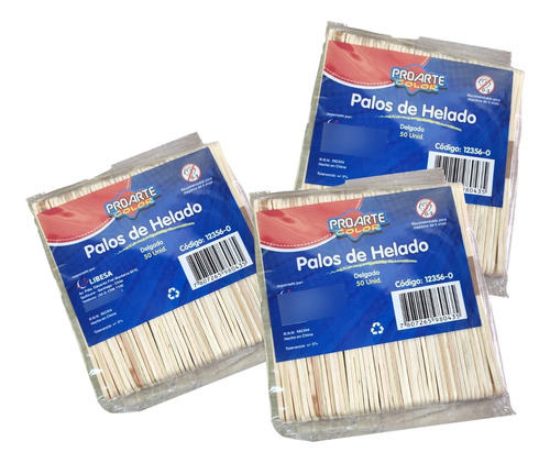 Palos De Helado Delgado Madera 3 Paquetes De 50u C/u Proarte