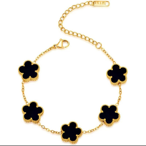 Pulsera Flores Trébol Tipo Van Cleef Acero Inoxidable Negro 19 Cm