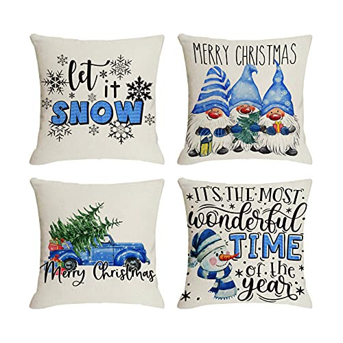 Blue Christmas Pillow Covers 18x18 Set Of 4 Farmhouse W...