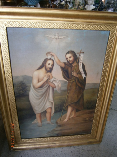 Cuadro Bautismo De Jesús Antiguo Oleo, Marco En Madera  