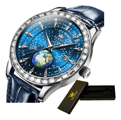 Relógio de couro Olevs Luminous Calendar com moldura azul em forma de céu