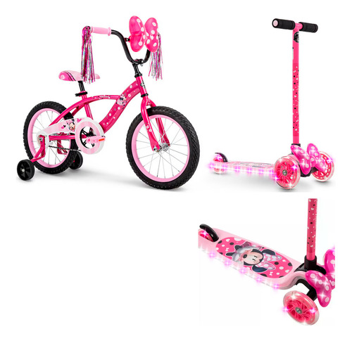 Bicicleta 16 + Scooter Plegable Luz Led Minnie Disney Huffy Color Rosa