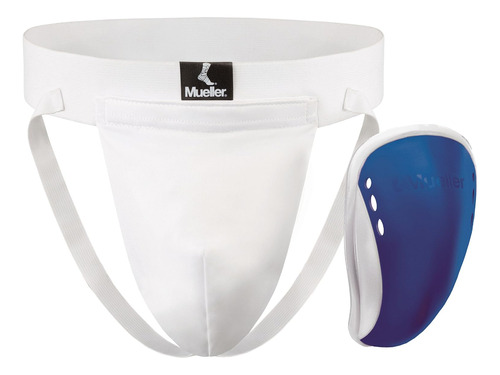 Protector Inguinal Mueller 59411, Talle L, Blanco Y Azul