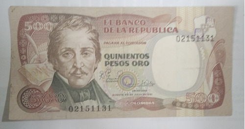 Billete Colombiano De 500 Pesos Año 1981